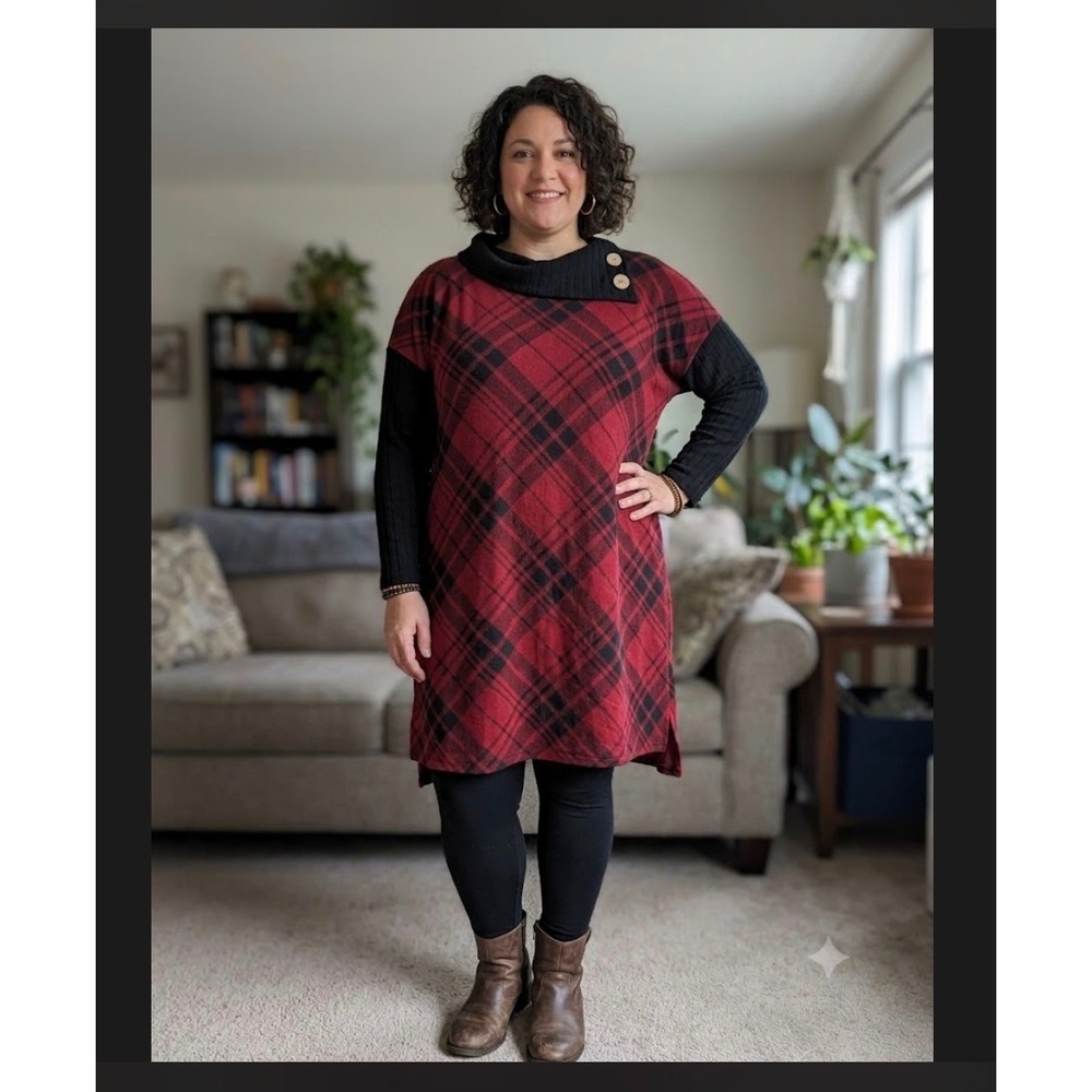Robert Louis Red Black Plaid Cowl Neck Tunic Dress Large NWT Soft Pockets